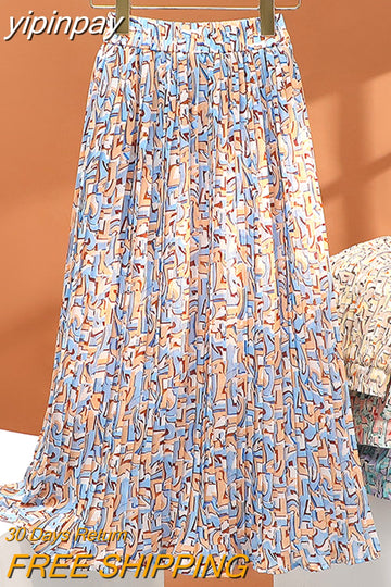 yipinpay 2023 Korean Stylish Pleated Skirts for Women Fairy Spring Summer Midi Skirt Ladies Printed Slim A-line Faldas Female